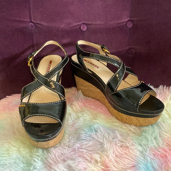 Prada Black Patent Leather Criss Cross Wedge Sandals - Picture 1 of 8